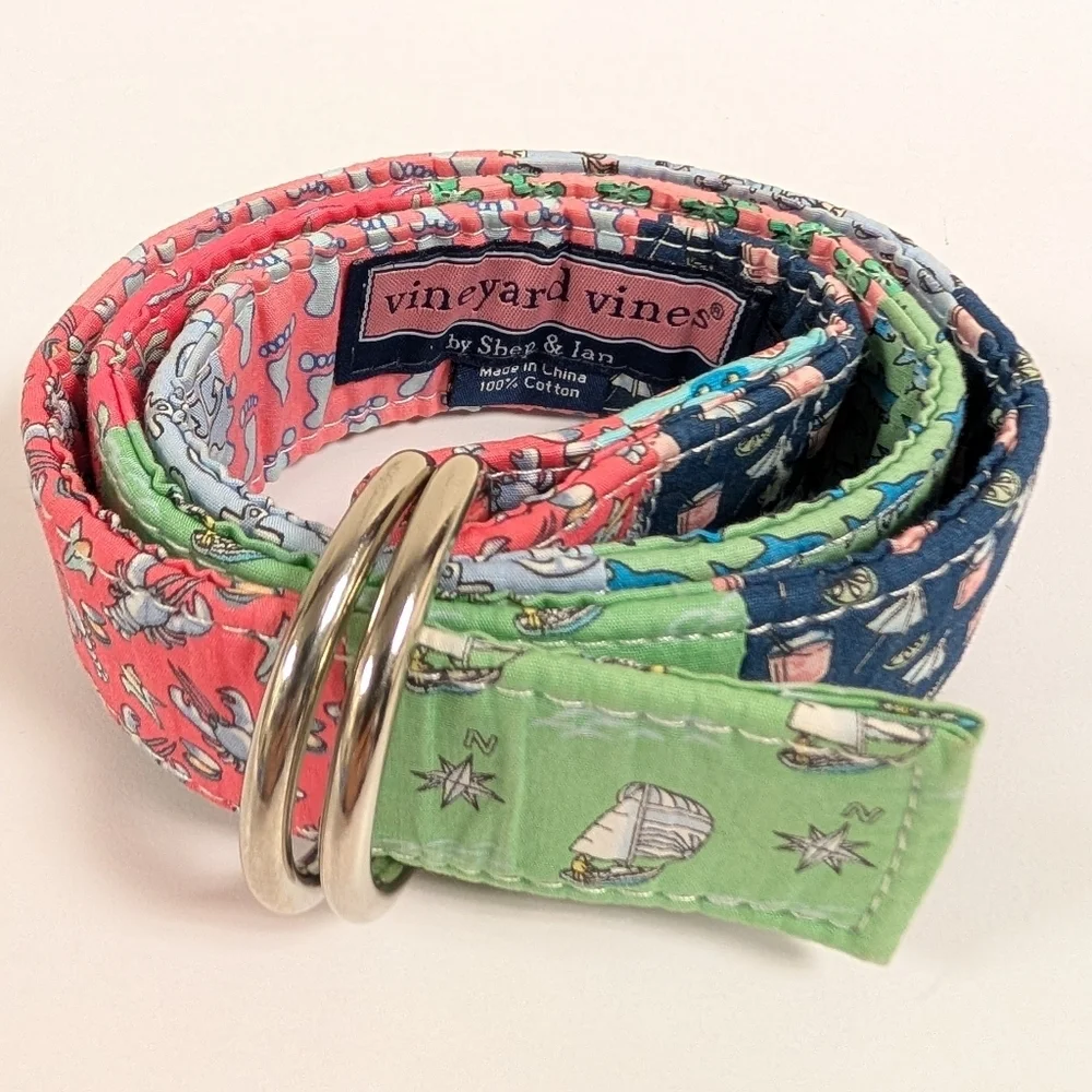 Vineyard Vines Patchwork Nautical D-Ring Belt Lobster Sailboat Cotton Size S